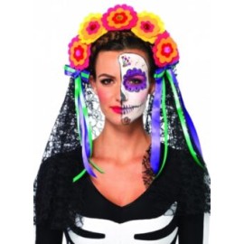 Velo de Catrina Day Of The Dead Flower Headband With Lace Veil