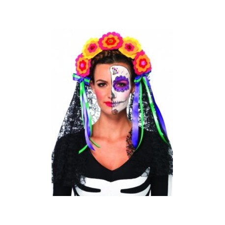 Velo de Catrina Day Of The Dead Flower Headband With Lace Veil